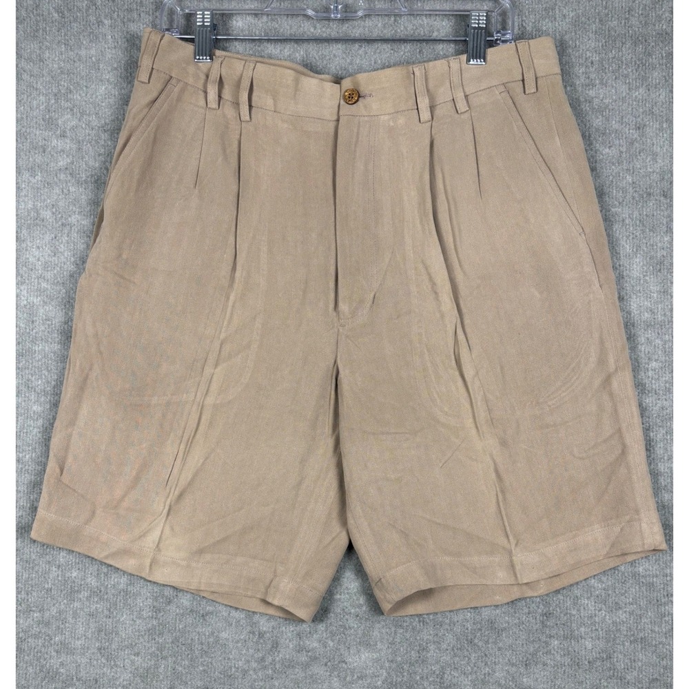 LUAU Pleated 100% Silk Herringbone Shorts 34 Tan Tropical Resortwear